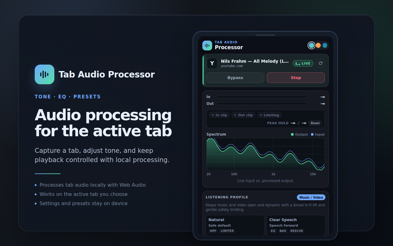 Tab Audio Processor main controls for clearer tab audio