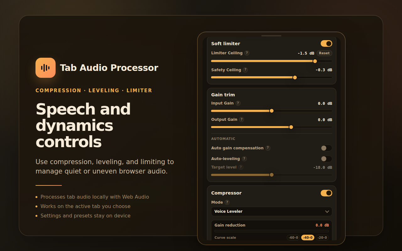 Speech and dynamics controls in Tab Audio Processor