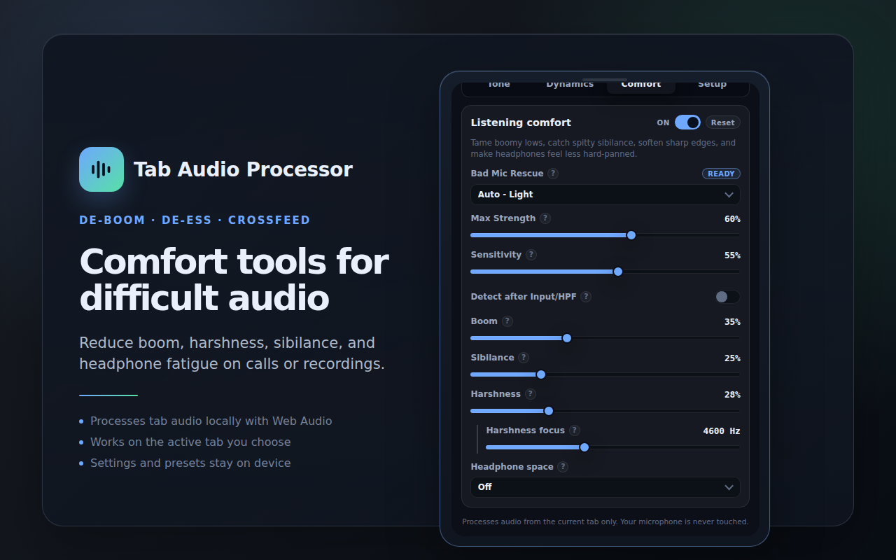 Comfort and rescue controls in Tab Audio Processor
