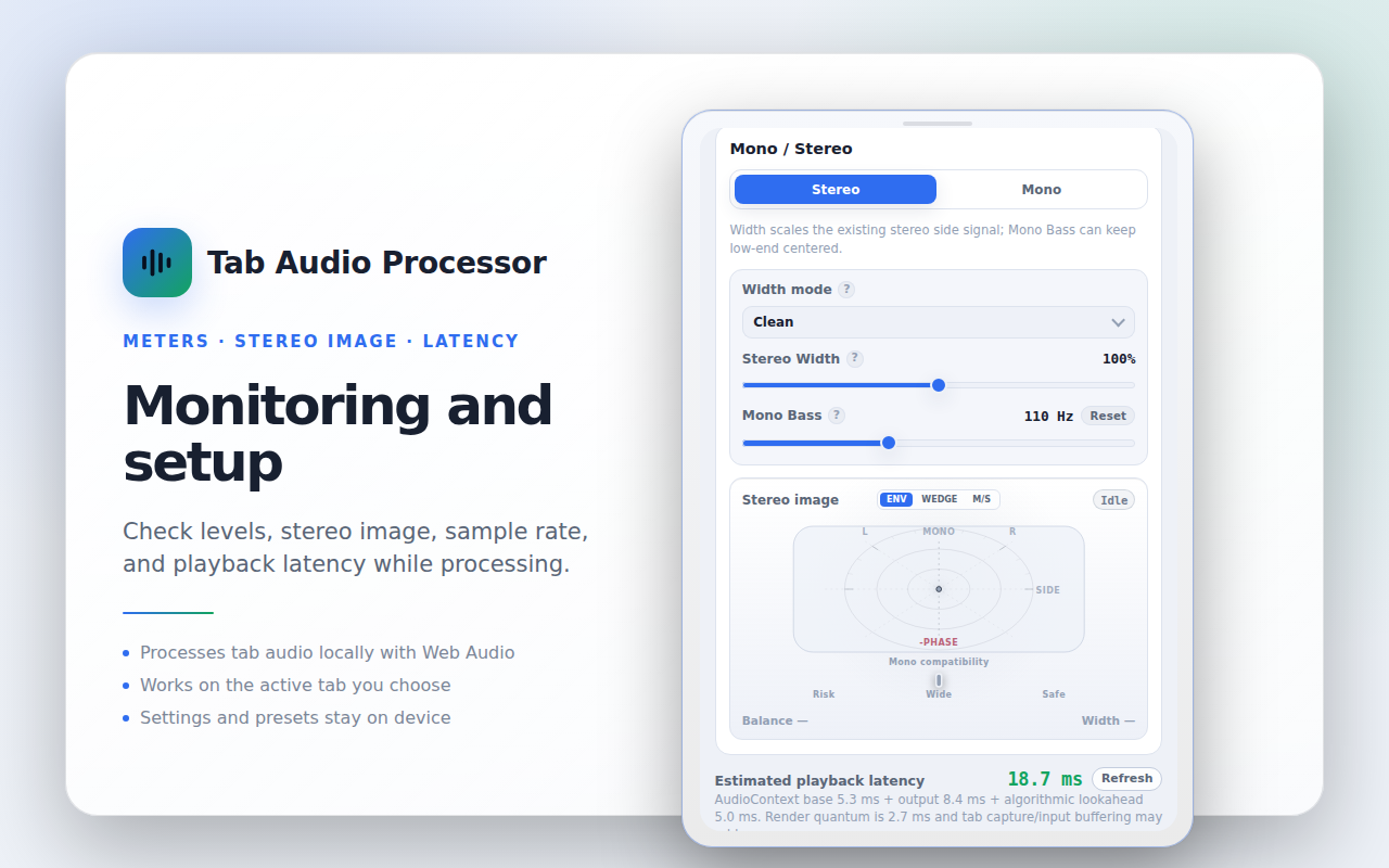Live monitoring meters and spectrum in Tab Audio Processor
